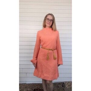 70s Peach Long Sleeve Dress Retro Vintage XS